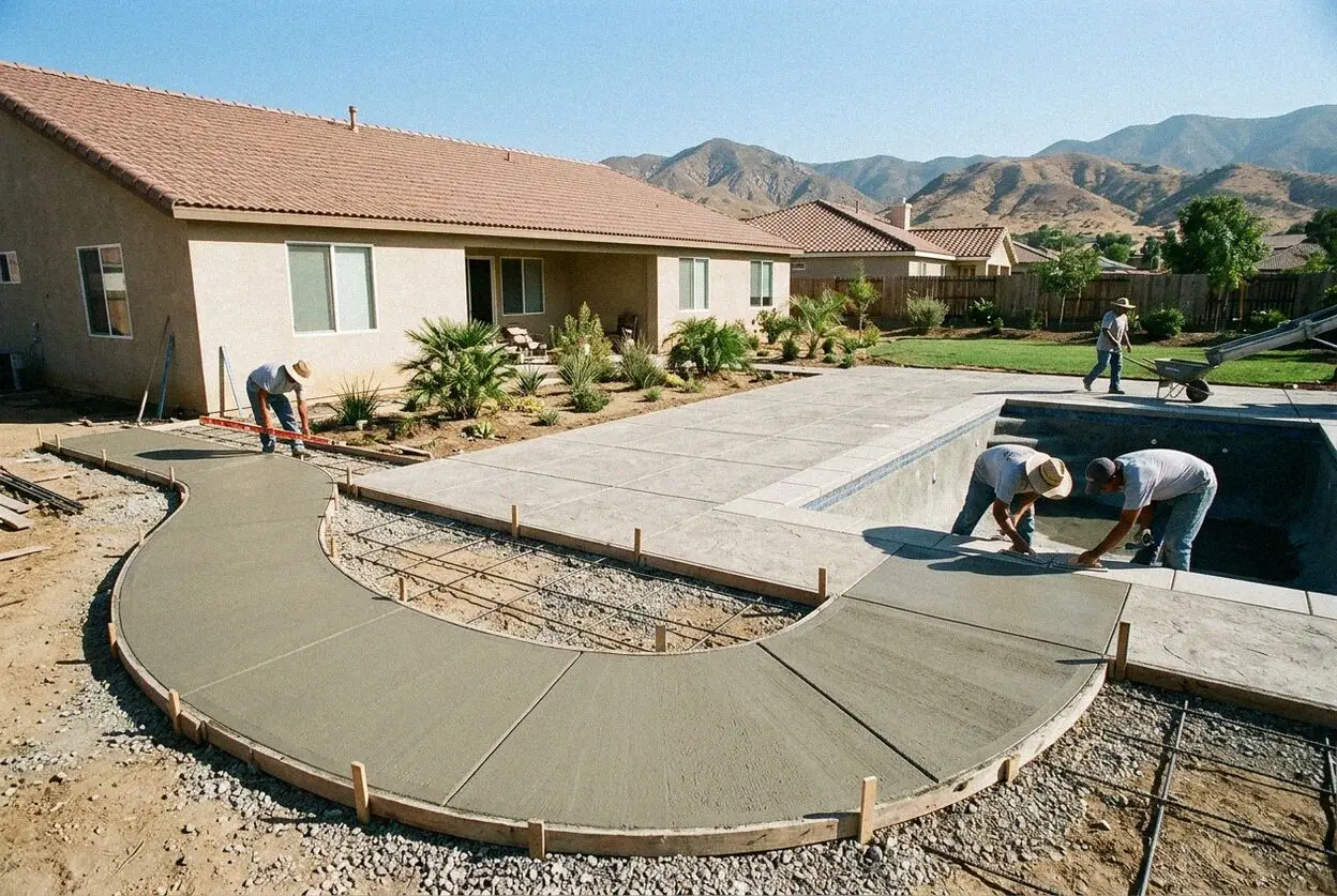 Pouring a concrete pool deck with rebar grid at a San Bernardino home